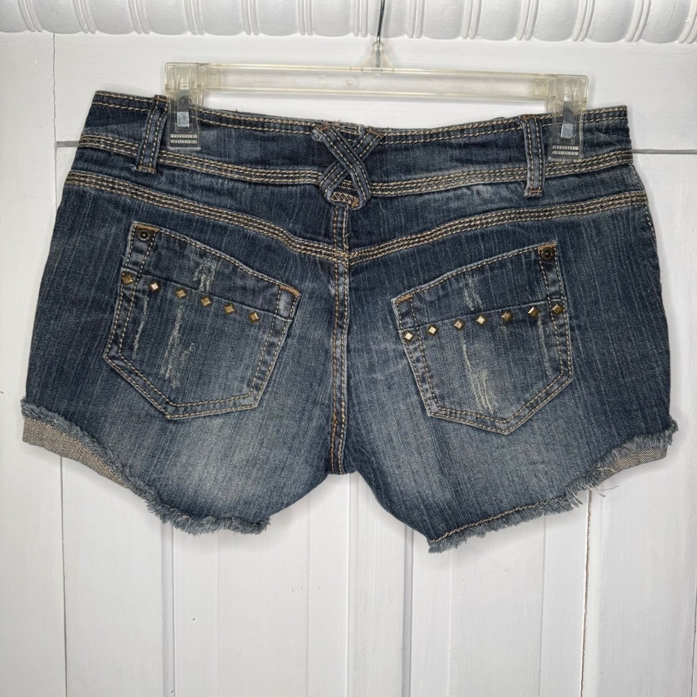 Mudd Women's Size 11 Dark Wash Studded Distressed Denim Shorts Y2K Low Rise